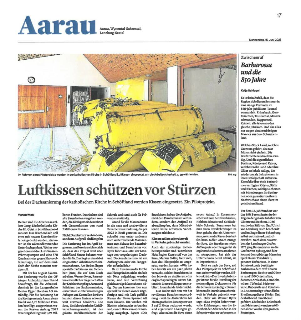 Bhend Architektur presse Pilotprojekt Arbeitssicherheit mit Luftkissen Modernisierung Kath. Kirche Schöftland AZ 15.06.2023