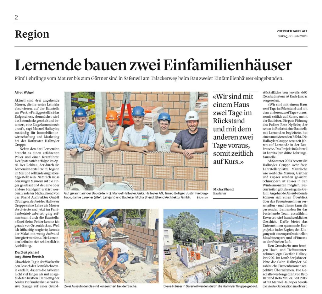 Bhend Architektur presse Zofinger Tagblatt - Fr 30. Juni 2023 - 2