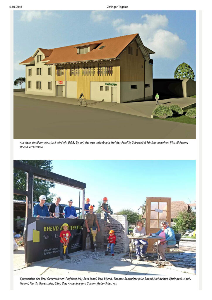 Bericht Spatenstich Gaberthüel Zofinger Tagblatt 09.10.2018