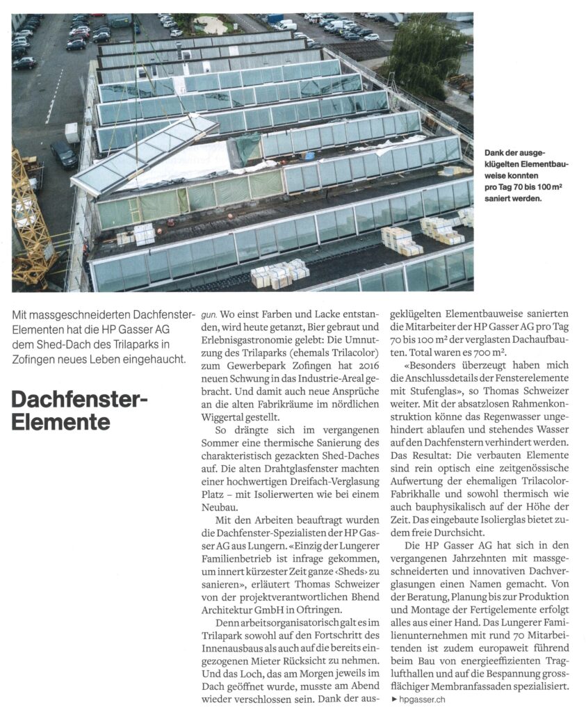 Bhend Architektur presse Bericht über Shed-Dachsanierung Trilapark in Architektur und Technik April 2018