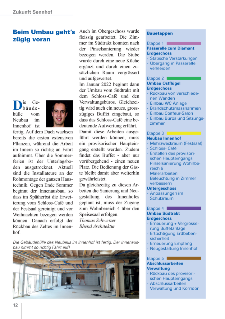Bhend Architektur presse Bericht Sennhof - Beim Umbau geht's zügig voran Sennhof Spiegel Oktober 2021