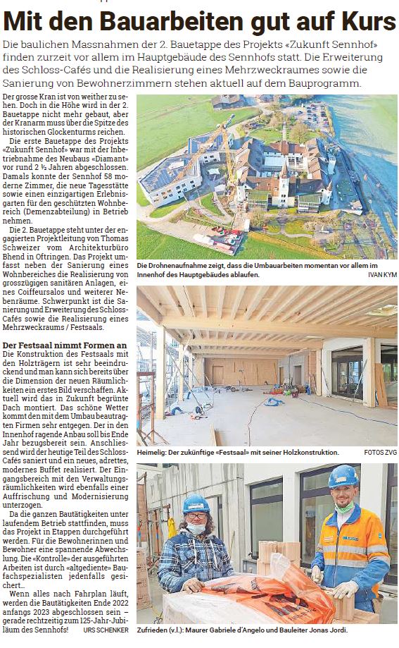 Bhend Architektur presse Bericht Sennhof - Bauarbeiten sind auf Kurs Wiggertaler und Aarauer Nachrichten April 2021