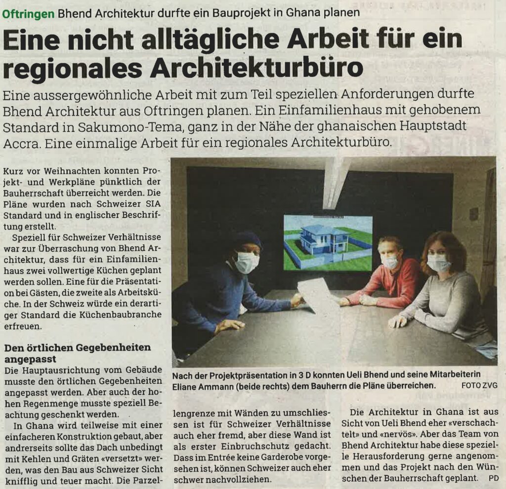 Bhend Architektur presse Bericht Ghana Projekt Wiggertaler Anzeiger Januar 2021