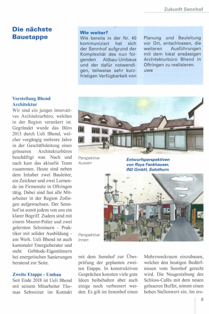 Bhend Architektur presse Bericht Zukunft Sennhof - Die nächste Bauetappe Sennhof Spiegel Februar 2020 Bericht der Sennhof Hauszeitung über den bevorstehenden Umbau.